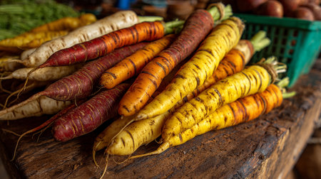 Colorful heirloom carrots in a heap, displaying vibrant hues and texturesの素材