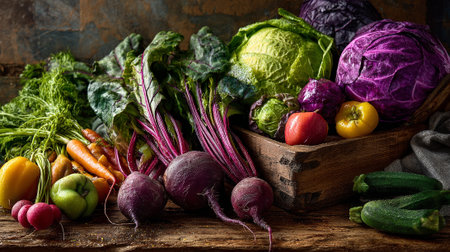 Freshly Picked Assortment of Vegetables in Rustic Wooden Crate for Healthy Eatingの素材