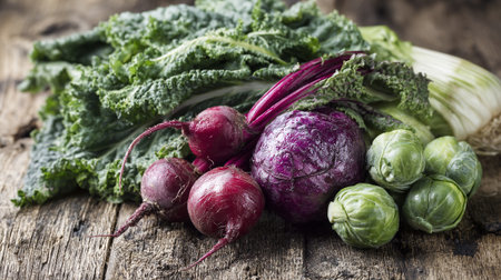 Fresh Vegetable Bounty: Kale, Radishes, Red Cabbage, Brussels Sprouts on Rustic Woodの素材