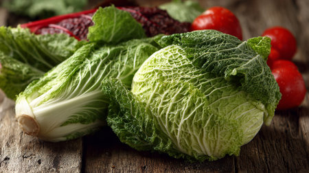 Fresh Raw Vegetables on Wooden Tabletop Presenting Natural Healthy Eatingの素材