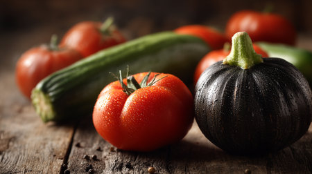Freshly Washed Garden Vegetables on Rustic Wooden Table Still Lifeの素材
