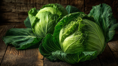 Fresh Green Cabbages Displayed on Rustic Wooden Surface with Dark Toneの素材