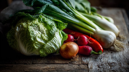 Rustic Still Life with Fresh Vegetables on Aged Wooden Surfaceの素材