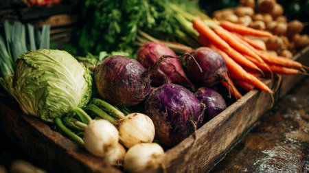 Rustic harvest: A wooden crate brimming with colorful, freshly picked seasonal vegetables.の素材