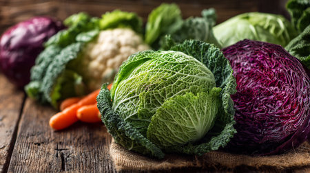 Fresh Harvest of Colorful Vegetables Arranged on a Rustic Wooden Tableの素材