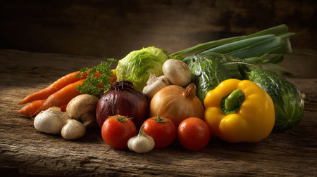 Freshly Harvested Vegetables Arranged on Rustic Wooden Surface with Natural Lightingの素材