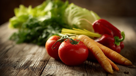 Fresh Vegetables Composition with Tomato, Lettuce, Carrot and Red Bell Pepperの素材