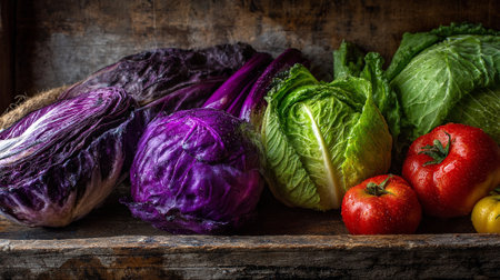 Fresh Cabbages and Tomatoes on a Rustic Wooden Surface Displayed Beautifullyの素材