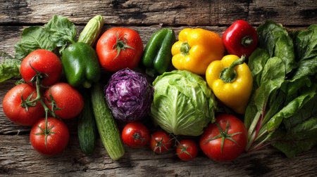 Freshly Harvested Vegetables Displayed on Rustic Wooden Surface for Healthy Livingの素材