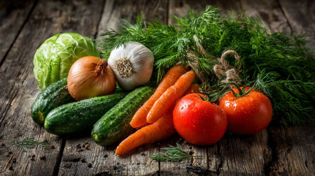Freshly Picked Vegetables Arranged on a Rustic Wooden Surface for Healthy Cookingの素材