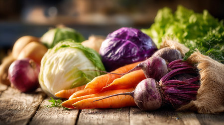 Freshly harvested organic vegetables on rustic wooden table in natural lightの素材