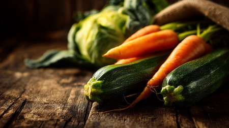 Freshly Harvested Vegetables on a Rustic Wooden Surface, Offering a Healthy Delightの素材