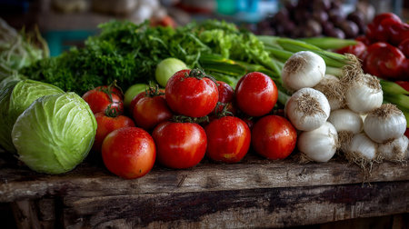 Abundance of fresh vegetables and produce displayed on a rustic table.の素材