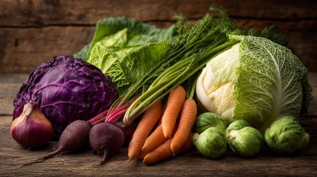 Colorful Fresh Vegetables Arranged on Rustic Wooden Background for Healthy Eatingの素材