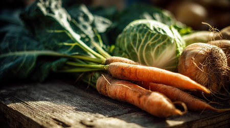 Fresh Harvested Vegetables on Rustic Wood Surface in Natural Sunlightの素材