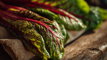 Fresh Red Veined Sorrel Leaves Presented on Rustic Wooden Surfaceの素材