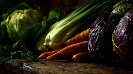Farm Fresh Vegetables Displayed on Rustic Wood Surface in a Dark Sceneの素材