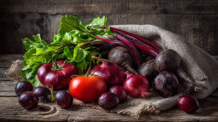 Rustic Still Life with Fresh Vegetables on a Weathered Wooden Surfaceの素材