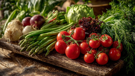 Fresh and colorful assorted vegetables arrangement on a rustic wooden boardの素材