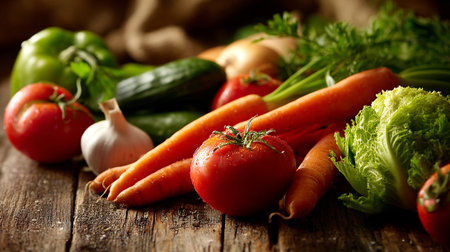 Fresh Garden Vegetables Displayed on Rustic Wooden Tabletop for Healthy Livingの素材