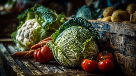 Fresh vegetables on a rustic wooden surface create an appetizing display.の素材