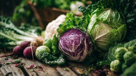 Freshly Harvested Organic Vegetables on Wooden Table Top for Culinary Preparationの素材