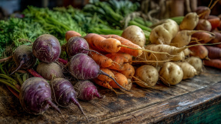 Vibrant display of organic root vegetables, freshly harvested on rustic wooden surfaceの素材