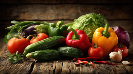Rustic arrangement of fresh vegetables on weathered wood surface, perfect for cooking concepts.の素材