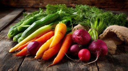 Freshly Harvested Vegetables Arranged on Rustic Wooden Tabletop for Displayの素材