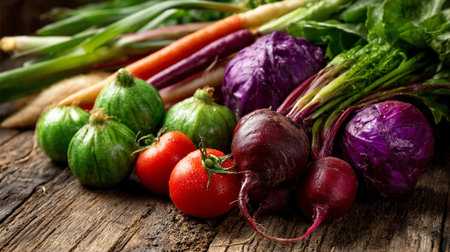 Freshly harvested vibrant vegetables displayed on rustic wooden surface creating a culinary sceneの素材