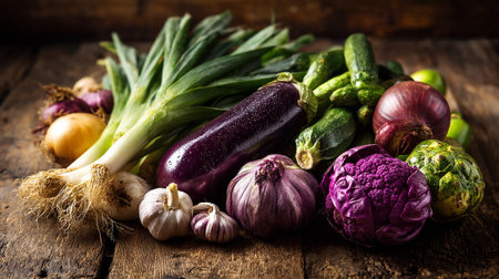 Freshly Harvested Vegetables Displayed on Rustic Wooden Table Surface for culinary inspirationの素材