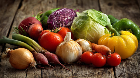Freshly Harvested Vegetables: A Colorful Array on Rustic Wood Surfaceの素材
