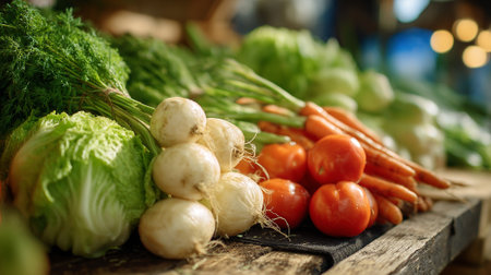 Fresh Market Bounty: A colorful display of vegetables on a wooden surfaceの素材