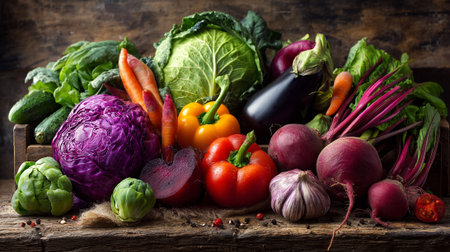 Vibrant Variety: A bountiful display of fresh, colorful, organic vegetables for healthy eating.の素材