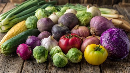 Vibrant display of fresh, raw, and colorful vegetables on rustic wooden surfaceの素材