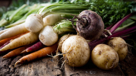 Freshly harvested colorful root vegetables, including turnips, parsnips, carrots, beets, and potatoes.の素材