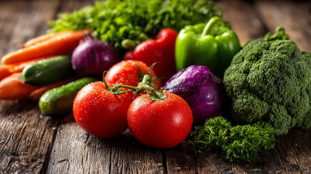 Freshly Picked Colorful Vegetables on Rustic Wood Surface, Farm-to-Table Conceptの素材