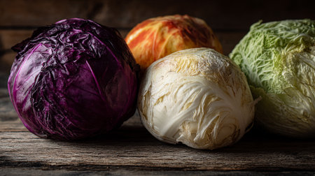 Four Varieties of Cabbage Heads Resting on a Rustic Wooden Surfaceの素材