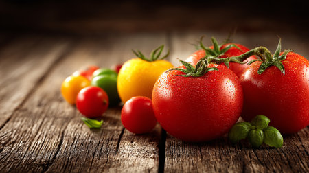 Vibrant tomatoes with basil on rustic wood, fresh food still lifeの素材