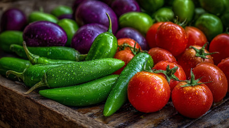 Fresh Harvest Display: Vibrant Vegetables with Water Droplets on Rustic Wooden Surfaceの素材