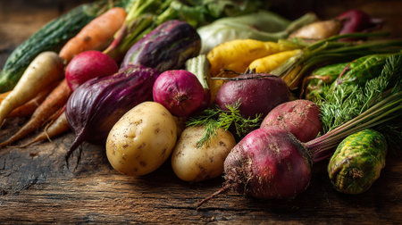 Freshly Harvested Root Vegetables on Rustic Wooden Surface Creates a Beautiful Arrangementの素材