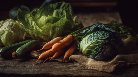 Rustic Still Life Featuring Fresh Vegetables on a Burlap Covered Wooden Surfaceの素材
