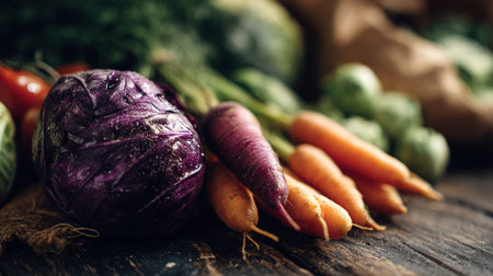 Fresh vegetables arrangement: Cabbage, carrots and other garden goods on wooden table.の素材