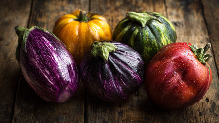 Fresh Assortment of Colorful Vegetables on a Rustic Wooden Surfaceの素材