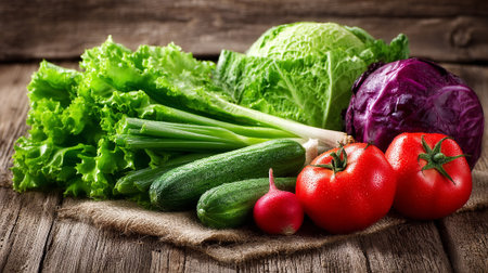 Fresh and Vibrant Vegetables on Rustic Wooden Surface, a Healthy Still Lifeの素材
