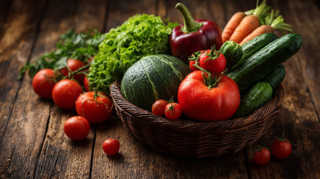 Freshly Harvested Organic Vegetables Displayed in Rustic Wicker Basket on Wooden Tableの素材