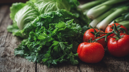 Fresh garden harvest: A vibrant display of ripe tomatoes and green vegetables.の素材