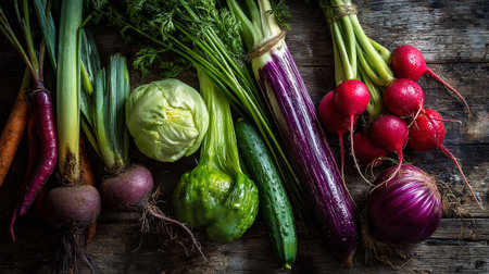 Fresh and Colorful Organic Vegetables Arranged on a Rustic Wooden Surfaceの素材