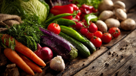 Freshly Harvested Vegetables on Rustic Wooden Table Displaying Vibrant Colorsの素材
