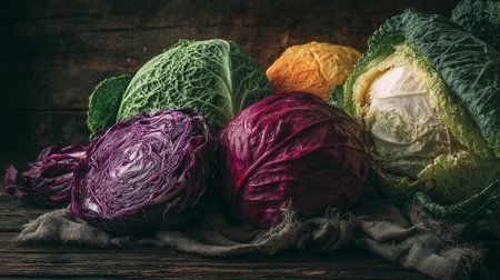 Rustic Still Life Composition of Colorful Cabbage Varieties on Wooden Surfaceの素材